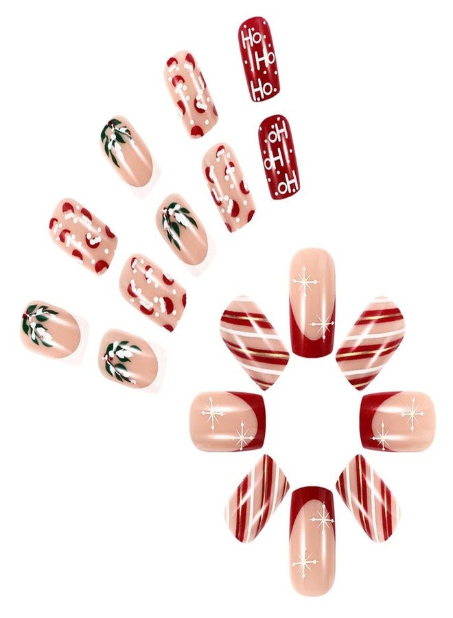WAFOLOZE Christmas Nails - Square Press On Nails Medium Fake Nails With Santa Hat Striped Alphabet Snowflake Holly Berry Designs Acrylic Artificial Glue On False Nail Press Ons Stick On Nail for Women Girls - Image 5